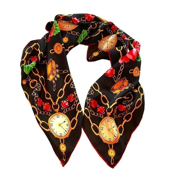 Vintage BILL BLASS SILK  roses, pocket watches, chain scarf-black red gold - Picture 4 of 9
